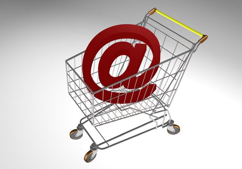 Concept of internet sales with a market trolley with a big @ letter