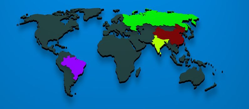 3d map rendered formed by the BRIC countries Brazil, Russia, India and China