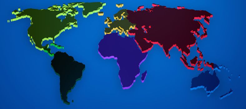 World map render 3D with continents separated by colors