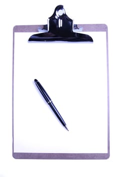 Clipboard with pen and blank sheet of paper