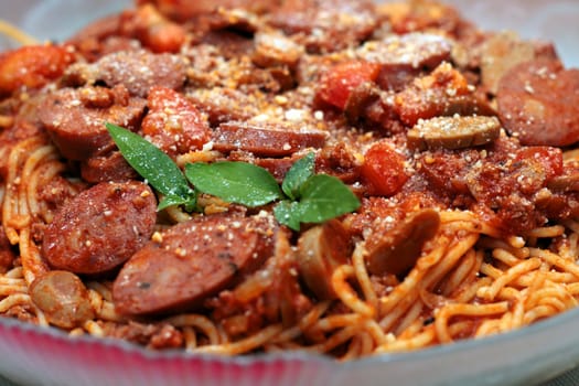 close up of a spaghetti sausage pasta
