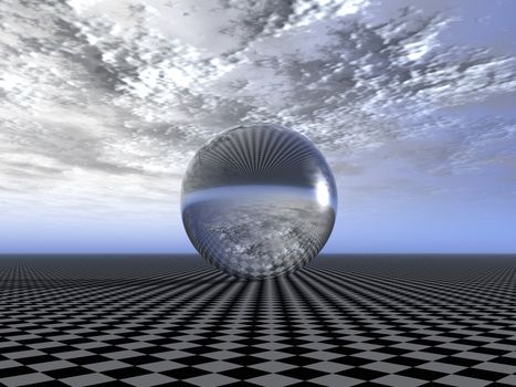 Reflecting sphere on a surface of a chess field (reflection of cloudy weather)
