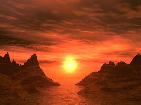 Red sunset in a bay (ocean with very bright decline with mountains)