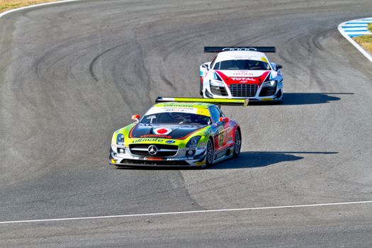 JEREZ DE LA FRONTERA, SPAIN - OCT 16: Jose Pedro Fontes , Mercedes 25 followed by Joao Pedro Figueiredo, Audi 21, races on Iber GT championship on October 16 , 2011, in Jerez de la Frontera , Spain