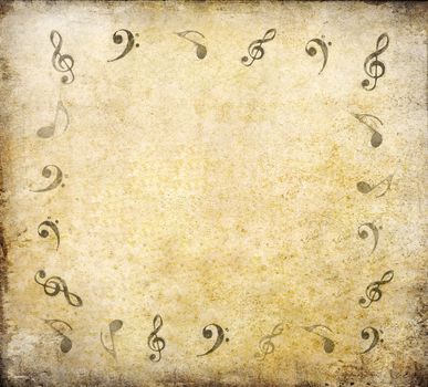 music notes on old paper sheet background with space