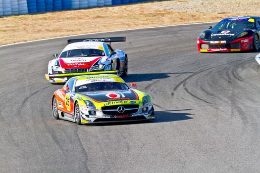 JEREZ DE LA FRONTERA, SPAIN - OCT 16: Jose Pedro Fontes 25 followed by Joao Figueiredo 21 and Joao Ramos 10 races on Iber GT championship on October 16 , 2011, in Jerez de la Frontera , Spain