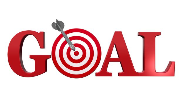 Goal text. A red dart center target, isolated on white - Business concept.