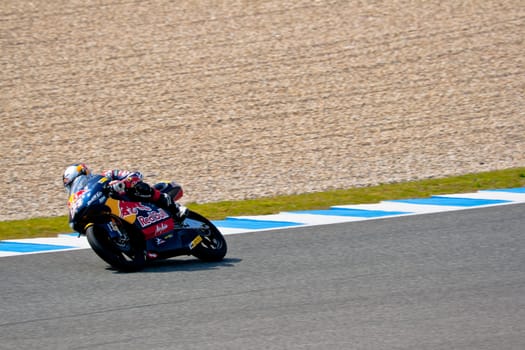 JEREZ DE LA FRONTERA, SPAIN - MAR 5:125cc pilot Jonas Folger races on the official training of the world championship of MotoGP on Mar 5, 2011, in Jerez de la Frontera, Spain