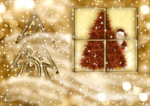 Christmas Cards, Santa Claus looking out the window on a gold background