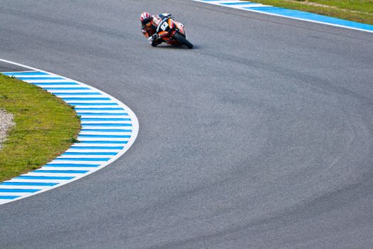 JEREZ DE LA FRONTERA, SPAIN - MAR 5: Moto2 motorcyclist Marc Marquez takes a curve in the MotoGP Official Trainnig on Mar 5, 2011 in Jerez de la Frontera, Spain