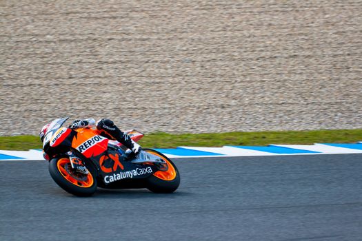 JEREZ DE LA FRONTERA, SPAIN - MAR 5: Moto2 motorcyclist Marc Marquez takes a curve in the MotoGP Official Trainnig on Mar 5, 2011 in Jerez de la Frontera, Spain