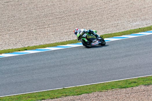 JEREZ DE LA FRONTERA, SPAIN - MAR 5: Moto2 motorcyclist Hector Faubel takes a curve in the MotoGP Official Trainnig on Mar 5, 2011 in Jerez de la Frontera, Spain
