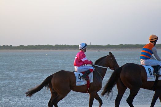 SANLUCAR DE BARRAMEDA, CADIZ, SPAIN - AUGUST 10: Unidentified riders at the start of race horses on Sanlucar de Barrameda beach on August 10, 2011 in Sanlucar de Barrameda, Cadiz, Spain.