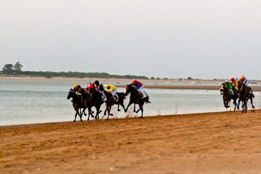 SANLUCAR DE BARRAMEDA, CADIZ, SPAIN - AUGUST 10: Unidentified riders at the start of race horses on Sanlucar de Barrameda beach on August 10, 2011 in Sanlucar de Barrameda, Cadiz, Spain.
