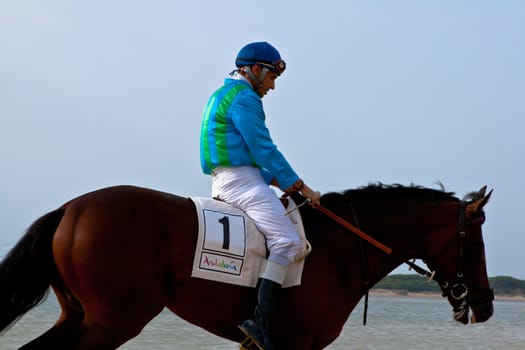 SANLUCAR DE BARRAMEDA, CADIZ, SPAIN - AUGUST 10: Unidentified riders at the start of race horses on Sanlucar de Barrameda beach on August 10, 2011 in Sanlucar de Barrameda, Cadiz, Spain.