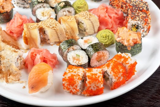 view of closeup japanese sushi set at plate