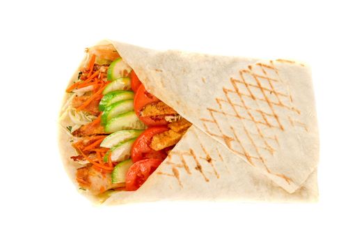 Doner kebab closeup on a white background.