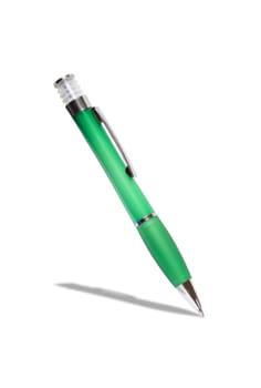 Modern plastic green ballpoint pen isolated on white background with clipping path