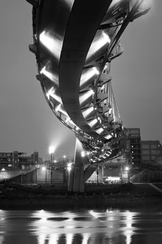 Modern architecture of bridge in night in black and white, landmark in Taipei, Taiwan.
