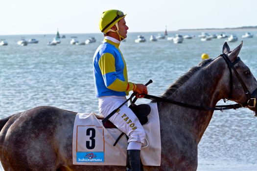SANLUCAR DE BARRAMEDA, CADIZ, SPAIN - AUGUST 10: Unidentified rider at the start of race horses on Sanlucar de Barrameda beach on August 10, 2011 in Sanlucar de Barrameda, Cadiz, Spain.
