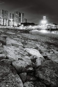 Floating mosque over water in black and white tone in Penang, Malaysia, Asia.