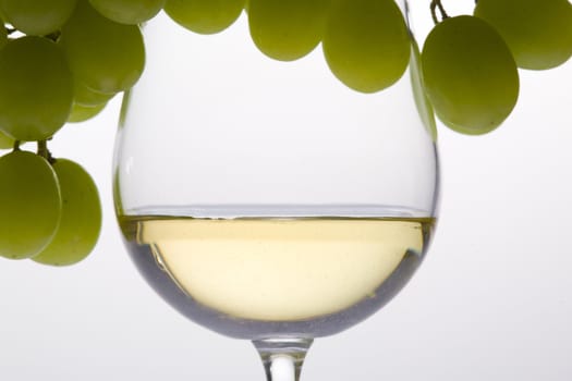 wineglass with white wine and grape