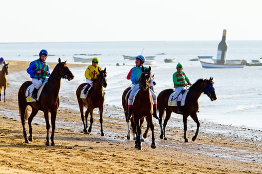 SANLUCAR DE BARRAMEDA, CADIZ, SPAIN - AUGUST 10: Unidentified rider at the start of race horses on Sanlucar de Barrameda beach on August 10, 2011 in Sanlucar de Barrameda, Cadiz, Spain.