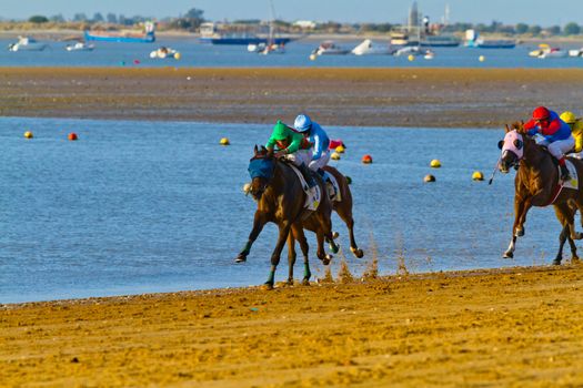 SANLUCAR DE BARRAMEDA, CADIZ, SPAIN - AUGUST 10: Unidentified riders at the start of race horses on Sanlucar de Barrameda beach on August 10, 2011 in Sanlucar de Barrameda, Cadiz, Spain.