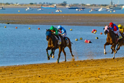 SANLUCAR DE BARRAMEDA, CADIZ, SPAIN - AUGUST 10: Unidentified riders at the start of race horses on Sanlucar de Barrameda beach on August 10, 2011 in Sanlucar de Barrameda, Cadiz, Spain.