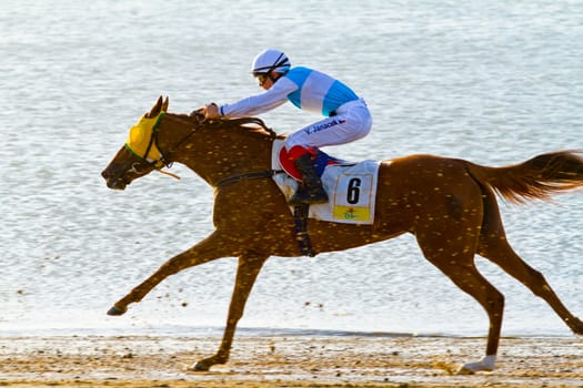 SANLUCAR DE BARRAMEDA, CADIZ, SPAIN - AUGUST 10: Unidentified riders at the start of race horses on Sanlucar de Barrameda beach on August 10, 2011 in Sanlucar de Barrameda, Cadiz, Spain.