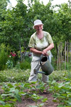 Happy senior woman working in her garden
