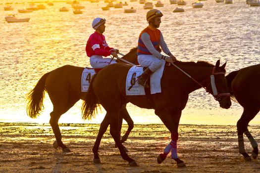 SANLUCAR DE BARRAMEDA, CADIZ, SPAIN - AUGUST 10: Unidentified riders at the start of race horses on Sanlucar de Barrameda beach on August 10, 2011 in Sanlucar de Barrameda, Cadiz, Spain.