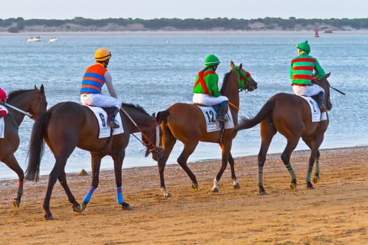 SANLUCAR DE BARRAMEDA, CADIZ, SPAIN - AUGUST 10: Unidentified riders at the start of race horses on Sanlucar de Barrameda beach on August 10, 2011 in Sanlucar de Barrameda, Cadiz, Spain.