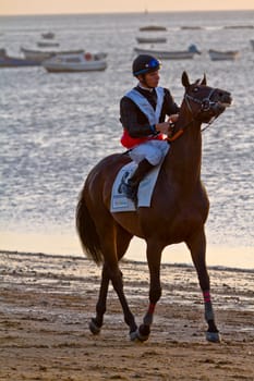 SANLUCAR DE BARRAMEDA, CADIZ, SPAIN - AUGUST 10: Unidentified riders at the start of race horses on Sanlucar de Barrameda beach on August 10, 2011 in Sanlucar de Barrameda, Cadiz, Spain.