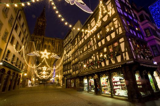 Merciere Street and Cathedral Notre Dame, Strasbourg, Alsace, France