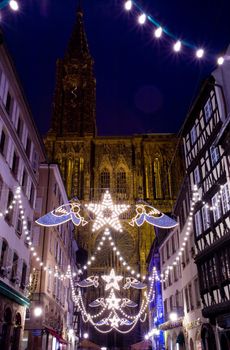 Merciere Street and Cathedral Notre Dame, Strasbourg, Alsace, France