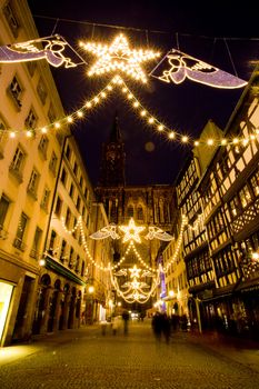 Merciere Street and Cathedral Notre Dame, Strasbourg, Alsace, France