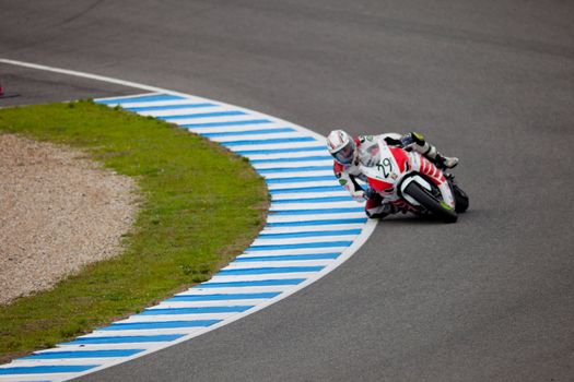 JEREZ DE LA FRONTERA, SPAIN - NOV 20: Stock Extreme motorcyclist Steve Trujillo takes a curve in the CEV championship on Nov 20, 2010, in Jerez de la Frontera, Spain