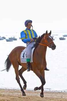 SANLUCAR DE BARRAMEDA, CADIZ, SPAIN - AUGUST 11: Unidentified rider at the start of race horses on Sanlucar de Barrameda beach on August 11, 2011 in Sanlucar de Barrameda, Cadiz, Spain.