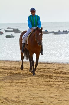 SANLUCAR DE BARRAMEDA, CADIZ, SPAIN - AUGUST 11: Unidentified rider at the start of race horses on Sanlucar de Barrameda beach on August 11, 2011 in Sanlucar de Barrameda, Cadiz, Spain.