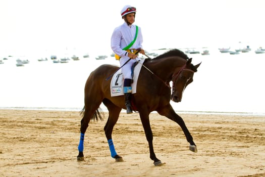 SANLUCAR DE BARRAMEDA, CADIZ, SPAIN - AUGUST 11: Unidentified rider at the start of race horses on Sanlucar de Barrameda beach on August 11, 2011 in Sanlucar de Barrameda, Cadiz, Spain.