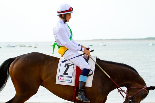 SANLUCAR DE BARRAMEDA, CADIZ, SPAIN - AUGUST 11: Unidentified rider at the start of race horses on Sanlucar de Barrameda beach on August 11, 2011 in Sanlucar de Barrameda, Cadiz, Spain.
