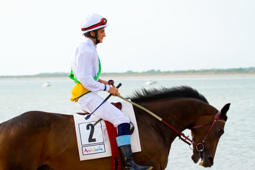 SANLUCAR DE BARRAMEDA, CADIZ, SPAIN - AUGUST 11: Unidentified rider at the start of race horses on Sanlucar de Barrameda beach on August 11, 2011 in Sanlucar de Barrameda, Cadiz, Spain.