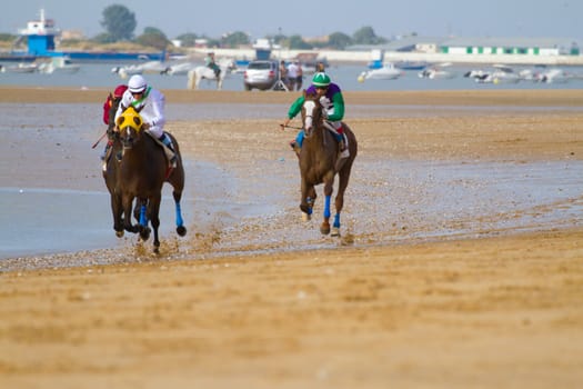 SANLUCAR DE BARRAMEDA, CADIZ, SPAIN - AUGUST 11: Unidentified rider at the start of race horses on Sanlucar de Barrameda beach on August 11, 2011 in Sanlucar de Barrameda, Cadiz, Spain.