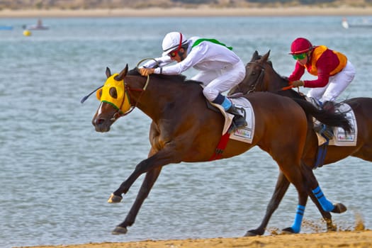 SANLUCAR DE BARRAMEDA, CADIZ, SPAIN - AUGUST 11: Unidentified rider at the start of race horses on Sanlucar de Barrameda beach on August 11, 2011 in Sanlucar de Barrameda, Cadiz, Spain.