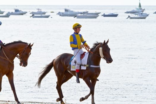 SANLUCAR DE BARRAMEDA, CADIZ, SPAIN - AUGUST 11: Unidentified rider at the start of race horses on Sanlucar de Barrameda beach on August 11, 2011 in Sanlucar de Barrameda, Cadiz, Spain.