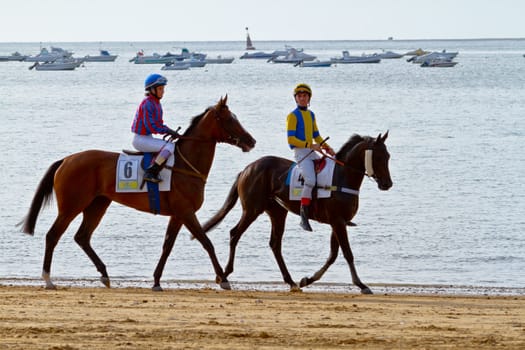 SANLUCAR DE BARRAMEDA, CADIZ, SPAIN - AUGUST 11: Unidentified rider at the start of race horses on Sanlucar de Barrameda beach on August 11, 2011 in Sanlucar de Barrameda, Cadiz, Spain.