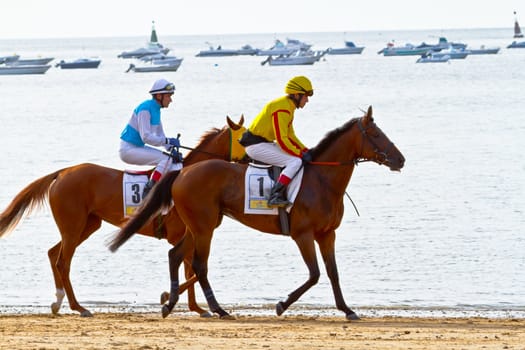 SANLUCAR DE BARRAMEDA, CADIZ, SPAIN - AUGUST 11: Unidentified rider at the start of race horses on Sanlucar de Barrameda beach on August 11, 2011 in Sanlucar de Barrameda, Cadiz, Spain.