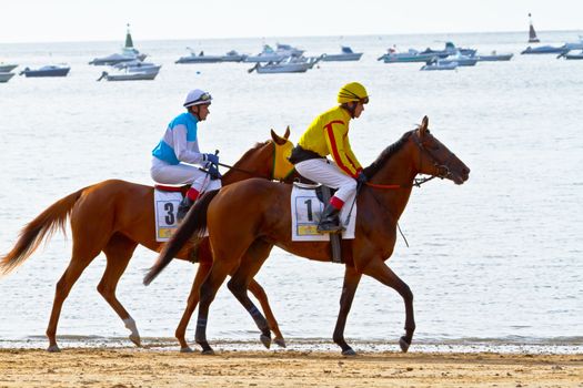 SANLUCAR DE BARRAMEDA, CADIZ, SPAIN - AUGUST 11: Unidentified rider at the start of race horses on Sanlucar de Barrameda beach on August 11, 2011 in Sanlucar de Barrameda, Cadiz, Spain.