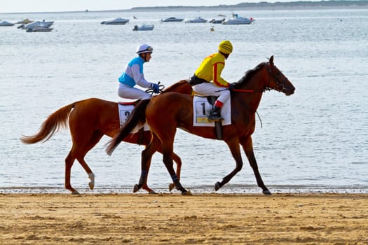 SANLUCAR DE BARRAMEDA, CADIZ, SPAIN - AUGUST 11: Unidentified riders at the start of race horses on Sanlucar de Barrameda beach on August 11, 2011 in Sanlucar de Barrameda, Cadiz, Spain.